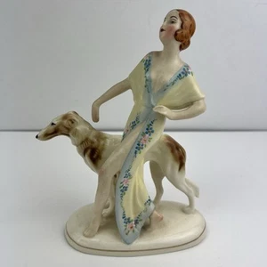 Antique Hertwig Katzhutte Art Deco Porcelain Woman Figurine Lady & Dog No Mark - Picture 1 of 18