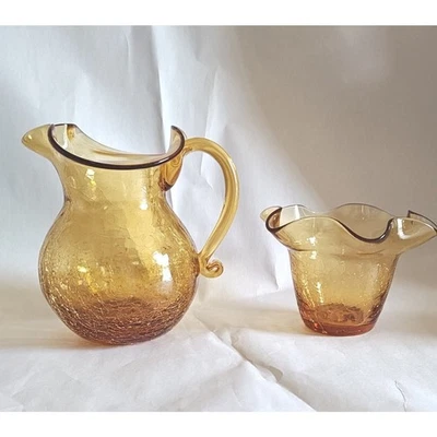 Juego de jarra y jarrón de vidrio craquelado ámbar arco iris borde con volantes decoración vintage Foto 1 de 4