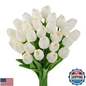 GOMALL 20 Pcs Artificial Tulips Flowers,Easter Decorations 13'' White PU Faux - Picture 1 of 5