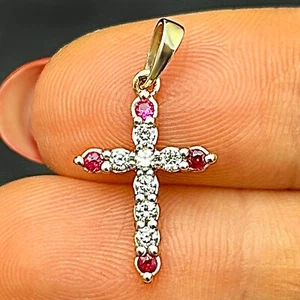 .24CTW Natural Diamond Ruby Accents 10K Gold Yellow White Rose Cross Pendant .9" - Picture 1 of 13