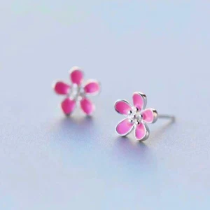Pink Cherry Flower Earrings Stud 925 Sterling Silver Women Girls Jewellery gift - Picture 1 of 4