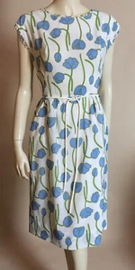 1960s True Vintage R&K Pretty White Blue All Over Print Flower Tulip Day Dress M - Picture 1 of 7