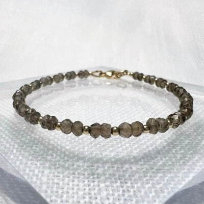 Pulseras de cuarzo ahumado facetadas rondelle piedras preciosas rellenas de oro para mujer de 6-8"" Foto 1 de 4