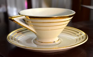 Art Deco Century Ware by Salem Streamline Tea Cup & Saucer 22k Gold Stripe Trim - Picture 1 of 21