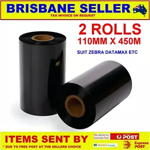 2 x THERMAL PRINTER TRANSFER RIBBON INK 110MM X 450M 25MM CORE ZEBRA SATO PAPER - Picture 1 of 3