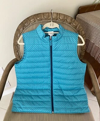 NUEVO CON ETIQUETAS Weekends by Chico’s Talla 2 Chaleco Puffer Turquesa Sin Mangas Lunares Rayas Foto 1 de 4