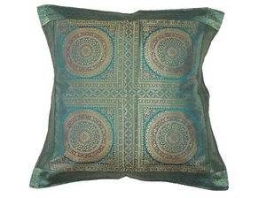 Teal Mandala Decorative Pillow Cover - 26" Gold Zari Floor Cushion Bed Euro Sham - Picture 1 of 3