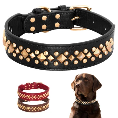 Soft PU Leather Dog Collar Rivets Studded Pet Medium Large Adjustable Rottweiler - Image 1 of 4