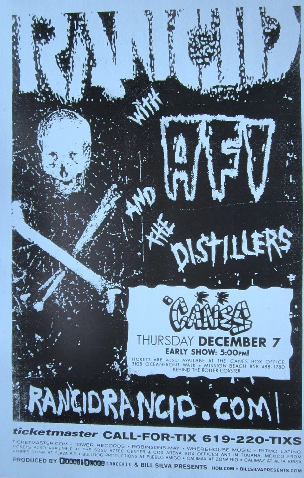 RANCID / AFI /DISTILLERS SAN DIEGO 2000 CONCERT TOUR POSTER -Skull & Cross Bones - Image 1 of 1