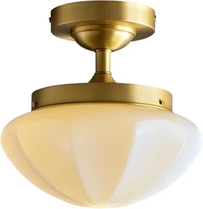 Matte Gold Semi-Flush Ceiling Light Fixture Milky White Melon Glass Shade w Bulb - Picture 1 of 5
