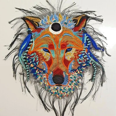 Psychedelic Trippy Wolf Large Colorful Handmade Embroidered Patch - Image 1 of 3