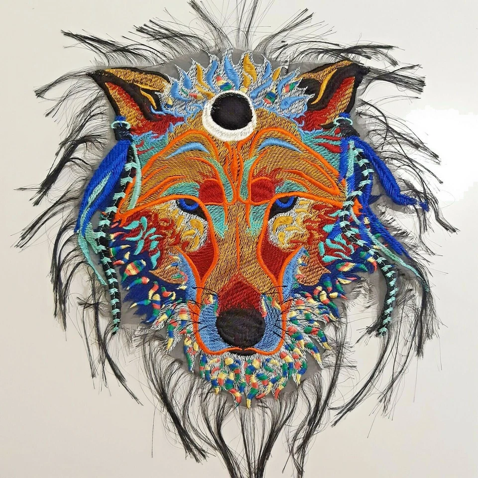 Psychedelic Trippy Wolf Large Colorful Handmade Embroidered Patch - Image 1 of 3