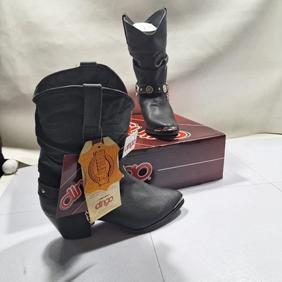 Dingo 棕褐色皮革猪懒散 DI-522 西部牛仔靴束带 8 米 全新带盒 黑色 — 第 1/4 张图片