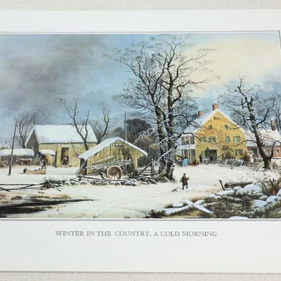 Currier & Ives estampa vintage inverno no campo manhã fria fazenda neve decoração lit - Imagem 1 de 4