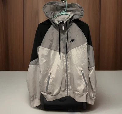 Nike Tech Windbreaker Jacket Hoodie Mens M Gray White Embroidered Big Logo Back - Image 1 of 4