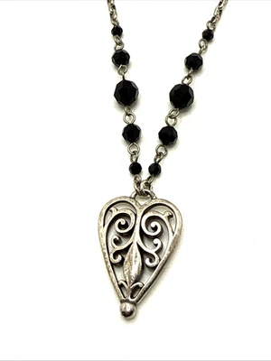 Brighton MILA'S HEART Pendant Necklace Black Crystal Beads Silver Plated 18” - Image 1 of 4