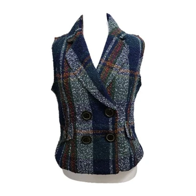 Chaleco Cabi Mezcla Lana Para Mujer Talla Pequeña Cuadros Tartán Sin Mangas Forrado Azul Verde Foto 1 de 4