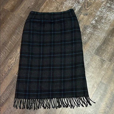 "Worthington" Petite Women's Wool Blend Long Fringed Blue/Blk Plaid Skirt S 10P - Image 1 of 4