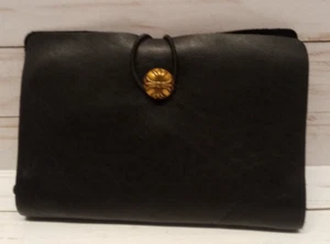 Linshi Tasks Unisex Black Leather Wallet Travel Organizer Brass Button Clutch - Picture 1 of 21