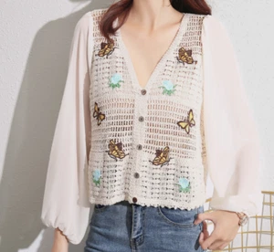 Women's Long Sleeve Chiffon Tops Casual Shirt Knitted Butterfly Blouse Clothing - Picture 1 of 8