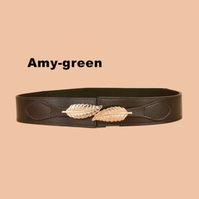 Cinturón de cuero real elástico elástico cintura metal dorado hoja hebilla cinturón Foto 1 de 4