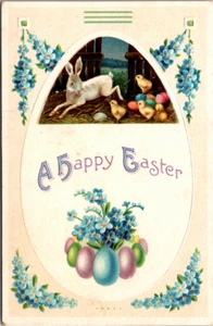 Antique A Happy Easter Postcard Chicks Flowers White Rabbit Pastel Eggs A6 - Picture 1 of 2