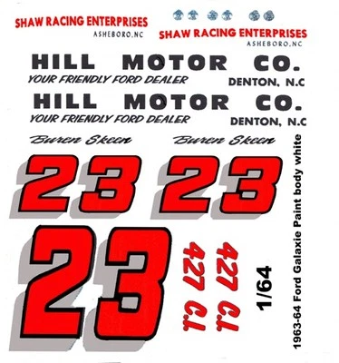  #23 Buren Skeen Hill Motor Co. 1963-1964 Ford Galaxie 1/64th Ho Slot Car Calcomanía Foto 1 de 2