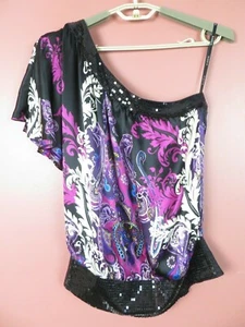 TB12122- NEW bebe Women Silk One Shoulder Blouse Sequined Multicolor Floral S - Picture 1 of 10