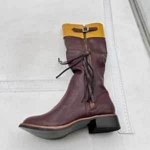 Brown Closed Decorative Buckle Tassel Knee High Boots Low Chunky Heel Long Boot - Picture 1 of 7