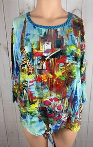 Top Onque Informal Azul Paris City Estampado Rayas Frontal Corbata Dobladillo Manga 3/4 Tejido 2X - Imagen 1 de 7