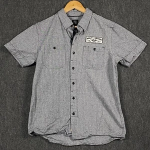 Harley Davidson Womens Large Short Sleeve Button Up Mechanic Shirt Grey Striped - Picture 1 of 11