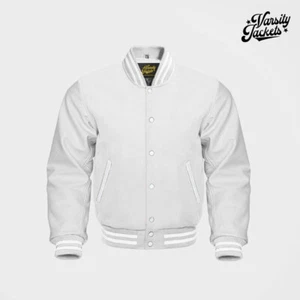 White Wool body White Sleeves Premium Varsity Jacket Letterman Baseball College - Picture 1 of 5