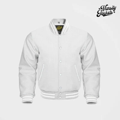 White Wool body White Sleeves Premium Varsity Jacket Letterman Baseball College - Image 1 of 4