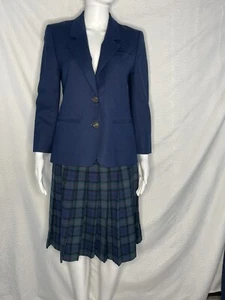 Vintage Pendleton Skirt Suit 6 P Baird Tartan Pleated Plaid Blazer Navy Green - Picture 1 of 11