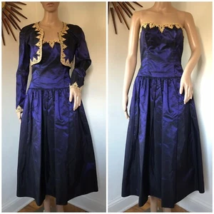Vtg 80s Does 50s Elegant Taffeta Party Dress Gown Bolero Jacket Set Blue Gold M - Picture 1 of 13
