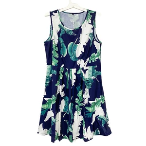 Kilig Womens Size XXL Sleeveless Scoop Neck Sun Dress Tropical Leaves Blue - Picture 1 of 8