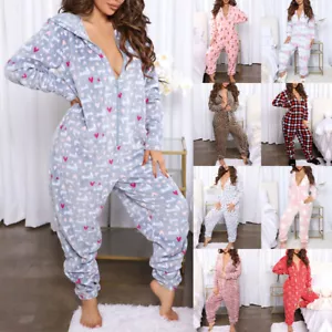 XMAS Plus Size Women Fleece Winter Hooded Loose Jumpsuit Zip Front Print Romper - Picture 1 of 27