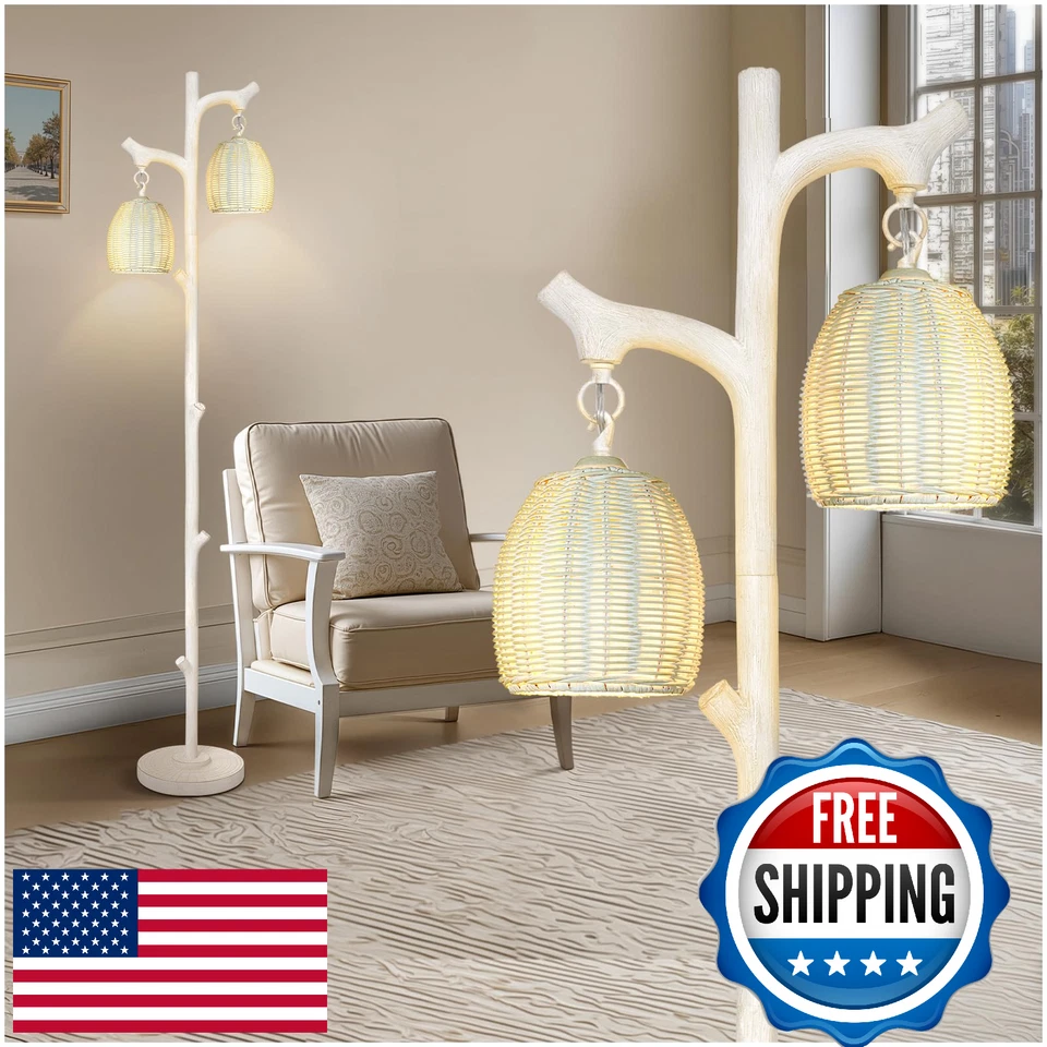 Scenekoy 68” abajur de assoalho de árvore de vime rústico, regulável, branco lavado - Imagem 1 de 4