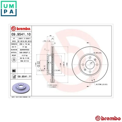 2x BRAKE DISC 09.9541.11 FOR HYUNDAI D3EA 1.5L 3cyl TBD4FA 1.5L G4EE 1.4L 4cyl - Image 1 of 4