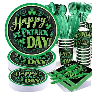 St Patricks Day Party Supplies Tableware Set - 25 Set Green Black Shamrock Di... - Picture 1 of 5