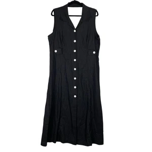 VTG Erika Studio Linen Midi Shirt Dress Size XL Womens Black Button Down Cut Out - Picture 1 of 6