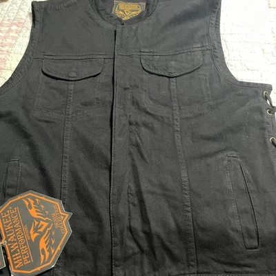 Colete jeans preto Milwaukee Performance masculino grande bolso oculto motociclista novo com etiquetas - Imagem 1 de 4