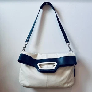 Vintage Coach Bonnie Foldover Expandable Leather Shoulder Bag Ivory/Navy 13380 - Picture 1 of 18
