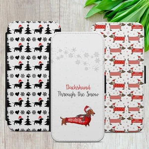 CHRISTMAS DACHSHUND FLIP CASE FOR IPHONE SAMSUNG GOOGLE GIFT WALLET PHONE COVER - Picture 1 of 38