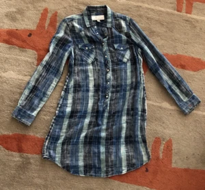 Ryan Michael 100% Cotton Shirt Dress Size M Cowgirl Western Pearl Snap Roll Tab - Picture 1 of 9