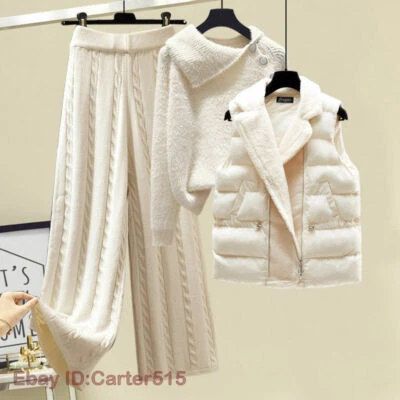 Conjunto de suéter cálido de invierno talla grande de 3 piezas + pantalones de pierna ancha + chaleco de cordero traje de punto Foto 1 de 4