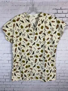 Owls Birds Bones Scrubs Top Women's Beige Fall Halloween (C43) - Picture 1 of 8