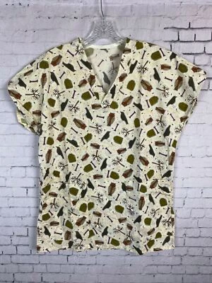 Owls Birds Bones Scrubs Top Women's Beige Fall Halloween (C43) - Image 1 of 4