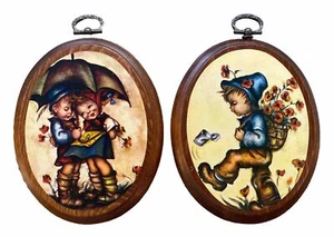 Set of 2: VTG Oval Decoupage Hummel Prints Wooden Wall Plaques 5.5" x 4.25" - Picture 1 of 4