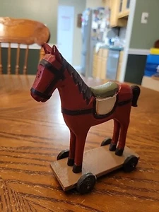Vintage Wooden Horse TOY Figure Statue on Wheels Red-Brown 6" Tall 6" Wide - Picture 1 of 4
